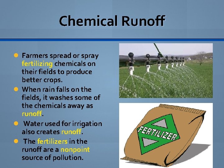 Chemical Runoff Farmers spread or spray fertilizing chemicals on their fields to produce better