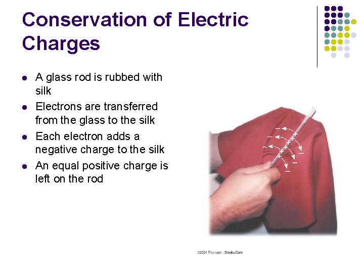 Conservation of Electric Charges l l A glass rod is rubbed with silk Electrons