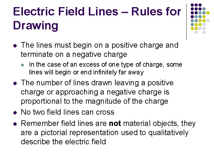 Electric Field Lines – Rules for Drawing l The lines must begin on a