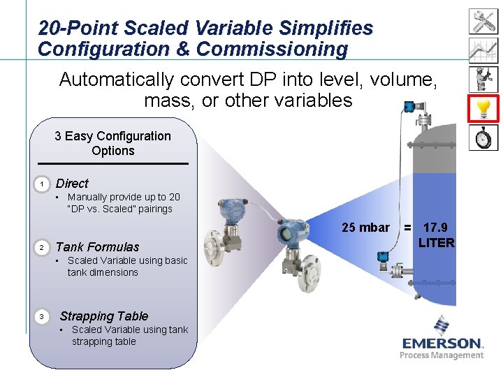 20 -Point Scaled Variable Simplifies Configuration & Commissioning Automatically convert DP into level, volume,