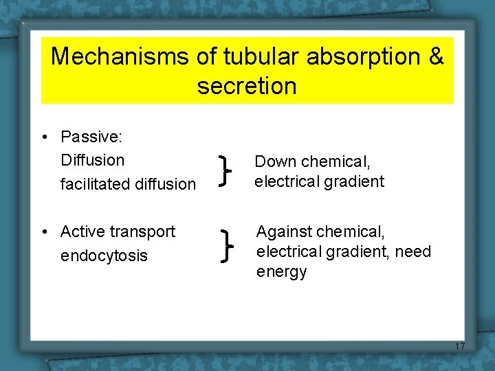 Mechanisms of tubular absorption & secretion • Passive: Diffusion facilitated diffusion • Active transport
