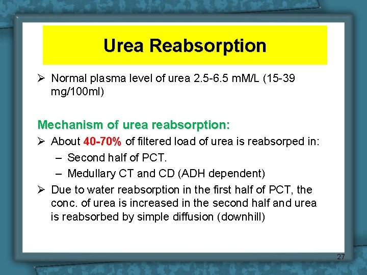 Urea Reabsorption Ø Normal plasma level of urea 2. 5 -6. 5 m. M/L