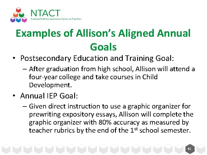 Examples of Allison’s Aligned Annual Goals • Postsecondary Education and Training Goal: – After Examples of Allison’s Aligned Annual Goals • Postsecondary Education and Training Goal: – After