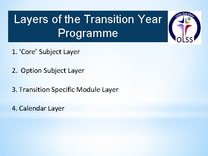 Layers of the Transition Year Programme 1. ‘Core’ Subject Layer 2. Option Subject Layer