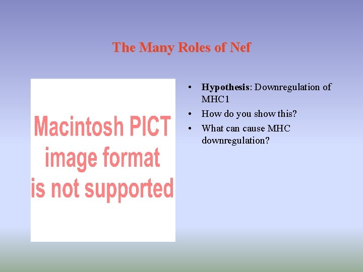 The Many Roles of Nef • Hypothesis: Downregulation of MHC 1 • How do