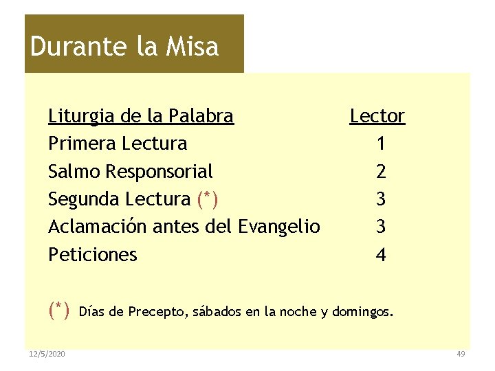 Durante la Misa Liturgia de la Palabra Primera Lectura Salmo Responsorial Segunda Lectura (*)