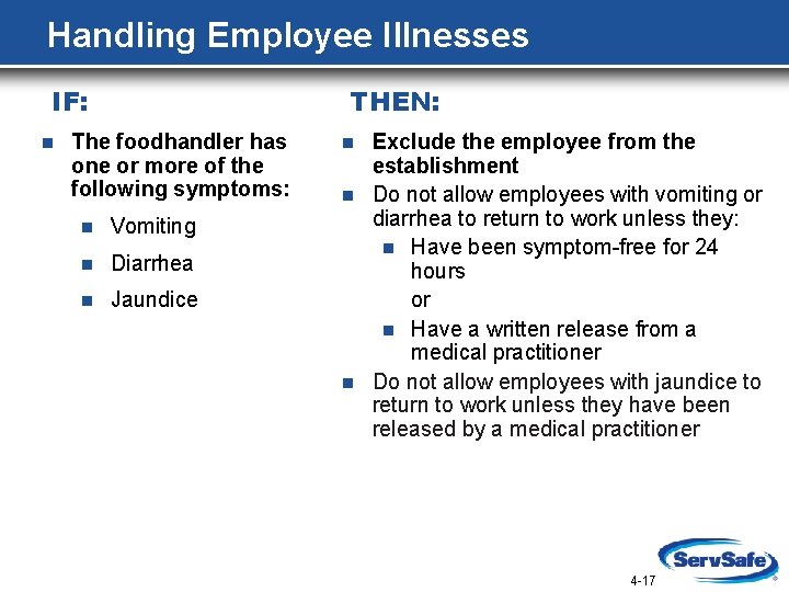 Handling Employee Illnesses IF: n THEN: The foodhandler has one or more of the