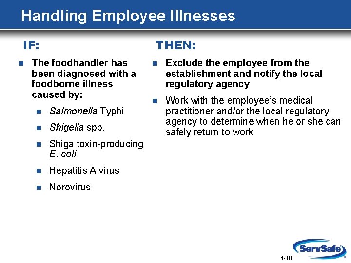 Handling Employee Illnesses IF: n THEN: The foodhandler has been diagnosed with a foodborne