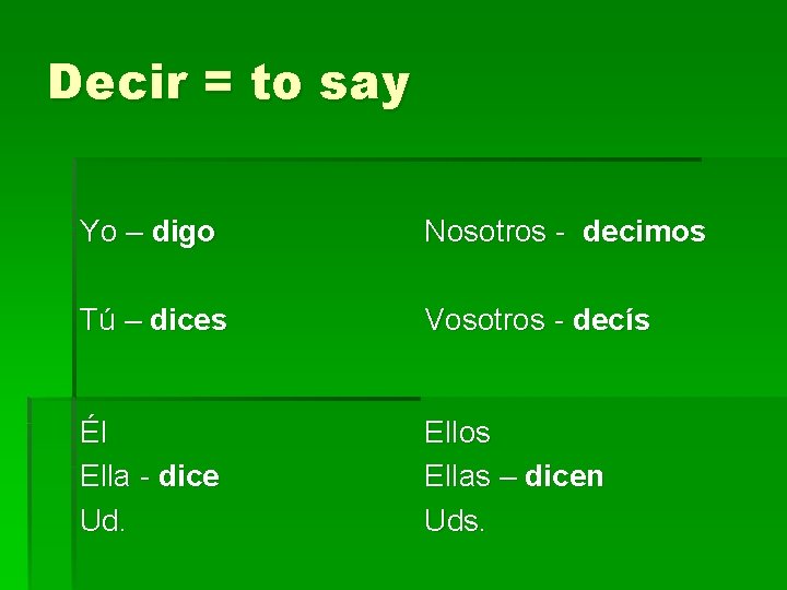 Decir = to say Yo – digo Nosotros - decimos Tú – dices Vosotros