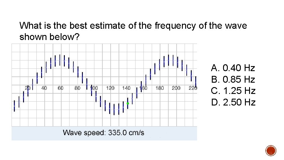 What is the best estimate of the frequency of the wave shown below? A. What is the best estimate of the frequency of the wave shown below? A.
