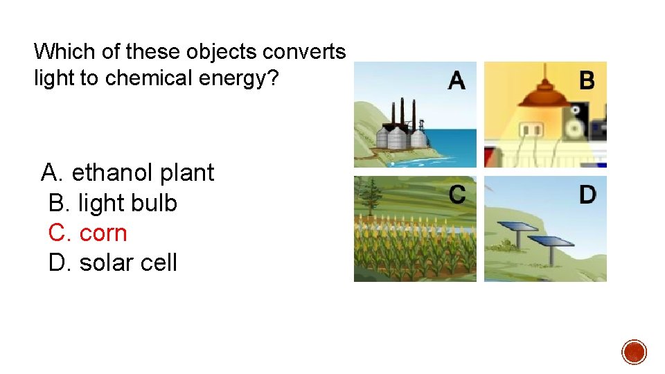 Which of these objects converts light to chemical energy? A. ethanol plant B. light Which of these objects converts light to chemical energy? A. ethanol plant B. light