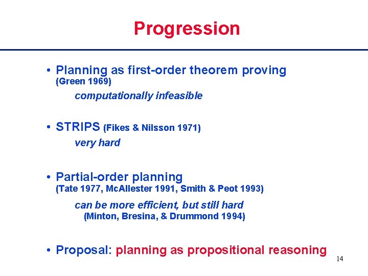 Progression • Planning as first-order theorem proving (Green 1969) computationally infeasible • STRIPS (Fikes