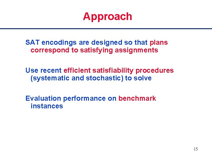 Approach SAT encodings are designed so that plans correspond to satisfying assignments Use recent