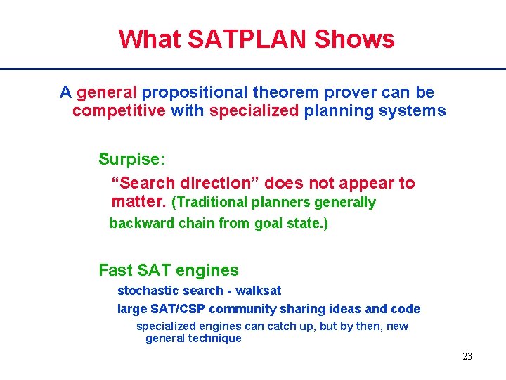 What SATPLAN Shows A general propositional theorem prover can be competitive with specialized planning