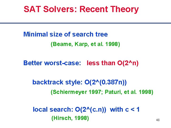 SAT Solvers: Recent Theory Minimal size of search tree (Beame, Karp, et al. 1998)