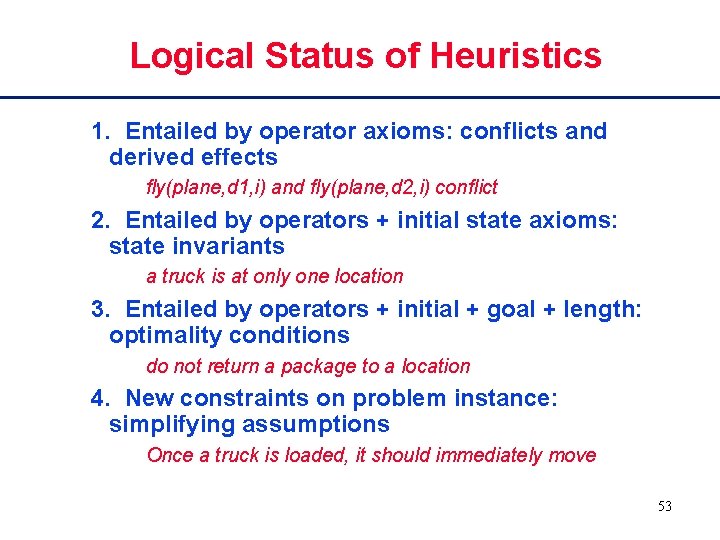 Logical Status of Heuristics 1. Entailed by operator axioms: conflicts and derived effects fly(plane,