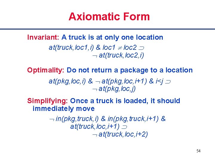 Axiomatic Form Invariant: A truck is at only one location at(truck, loc 1, i)