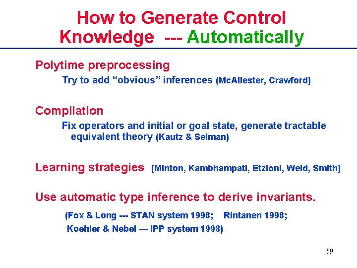 How to Generate Control Knowledge --- Automatically Polytime preprocessing Try to add “obvious” inferences