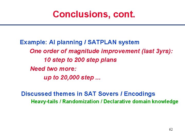 Conclusions, cont. Example: AI planning / SATPLAN system One order of magnitude improvement (last