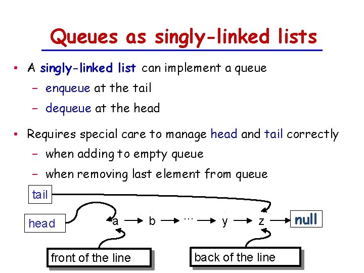 Queues as singly-linked lists • A singly-linked list can implement a queue − enqueue