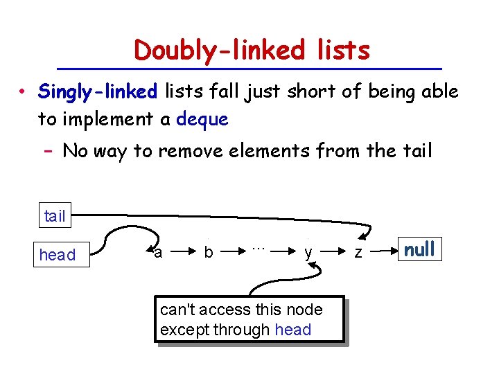 Doubly-linked lists • Singly-linked lists fall just short of being able to implement a