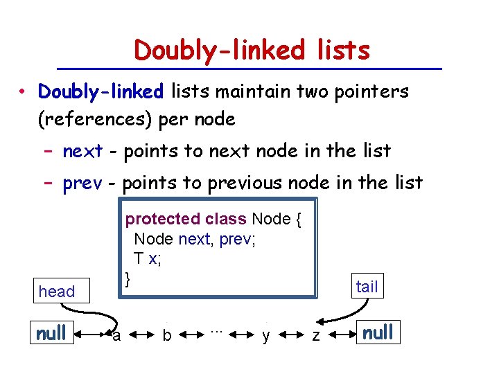 Doubly-linked lists • Doubly-linked lists maintain two pointers (references) per node − next -
