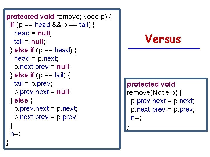 protected void remove(Node p) { if (p == head && p == tail) {