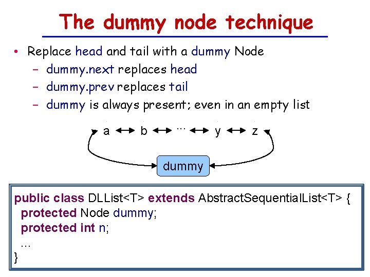 The dummy node technique • Replace head and tail with a dummy Node −