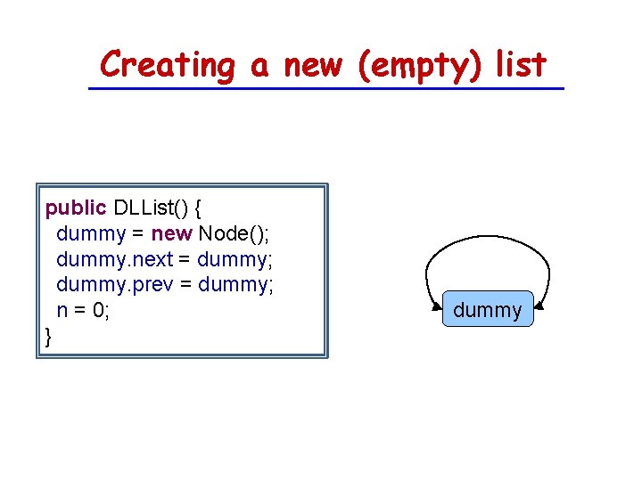 Creating a new (empty) list public DLList() { dummy = new Node(); dummy. next
