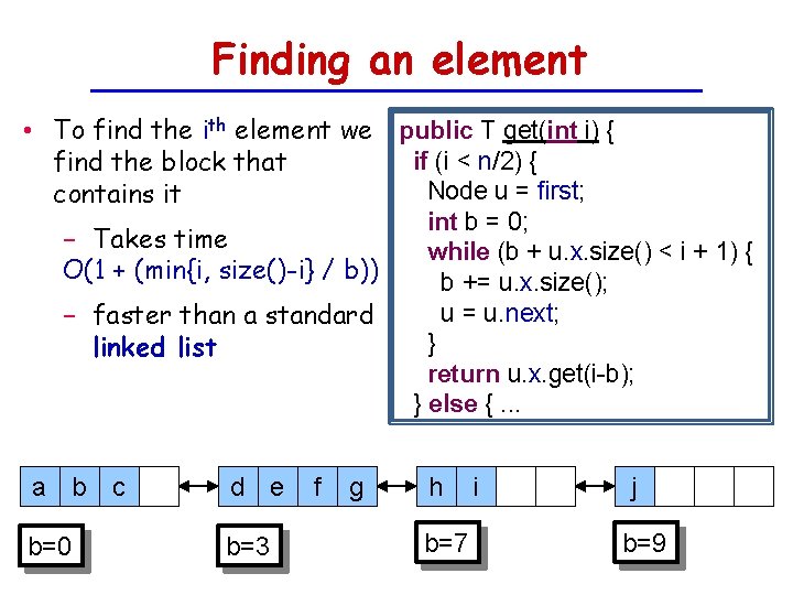 Finding an element • To find the ith element we public T get(int i)