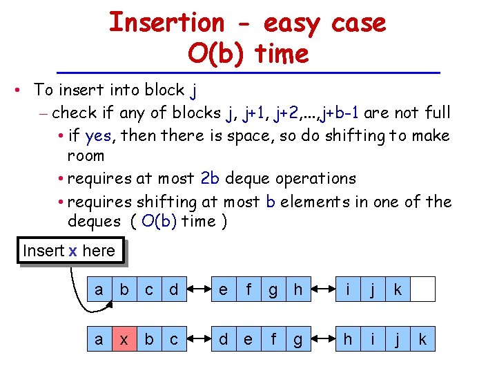 Insertion - easy case O(b) time • To insert into block j – check