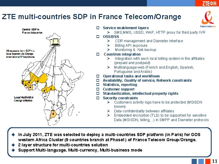 ZTE multi-countries SDP in France Telecom/Orange p Service enablement layers Ø SMS, MMS, USSD,