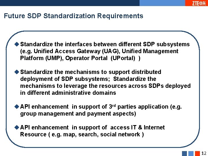 Future SDP Standardization Requirements u Standardize the interfaces between different SDP subsystems (e. g.