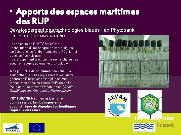  • Apports des espaces maritimes des RUP Developpement des technologies bleues : ex