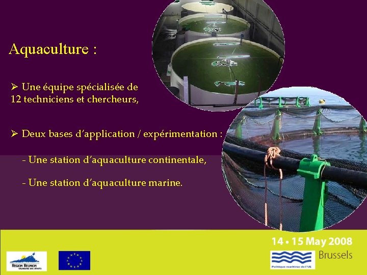 Aquaculture : Ø Une équipe spécialisée de 12 techniciens et chercheurs, Ø Deux bases