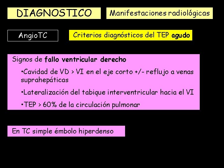 DIAGNOSTICO Angio. TC Manifestaciones radiológicas Criterios diagnósticos del TEP agudo Signos de fallo ventricular