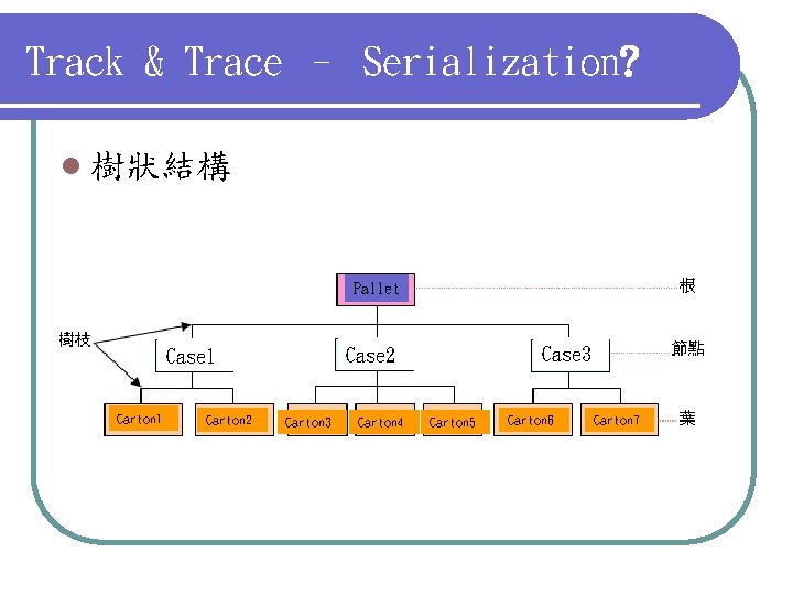Track & Trace – Serialization? l 樹狀結構 Pallet Carton 1 Carton 2 Case 3