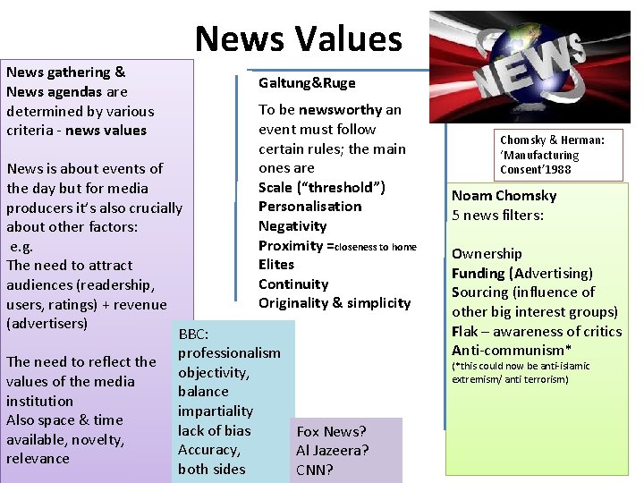 News Values News gathering & News agendas are determined by various criteria - news