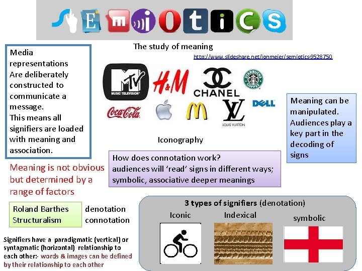 Semiotics Media representations Are deliberately constructed to communicate a message. This means all signifiers