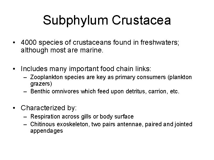 Subphylum Crustacea • 4000 species of crustaceans found in freshwaters; although most are marine. Subphylum Crustacea • 4000 species of crustaceans found in freshwaters; although most are marine.