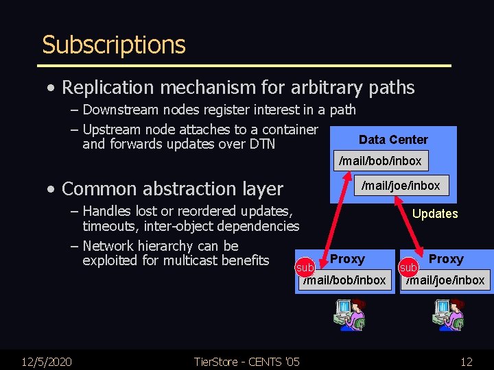 Subscriptions • Replication mechanism for arbitrary paths – Downstream nodes register interest in a