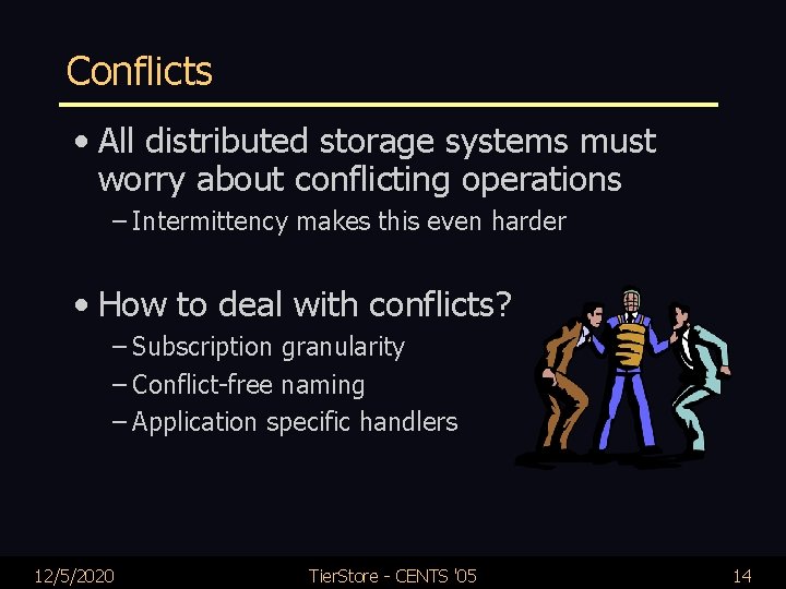 Conflicts • All distributed storage systems must worry about conflicting operations – Intermittency makes