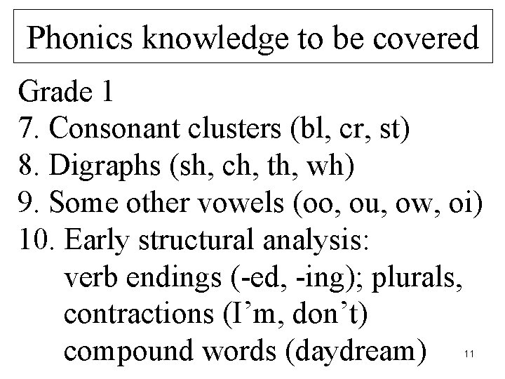 Phonics knowledge to be covered Grade 1 7. Consonant clusters (bl, cr, st) 8.