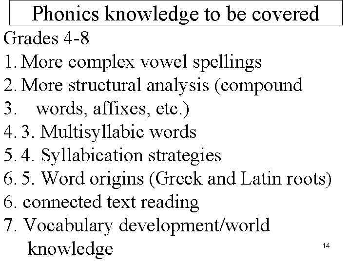 Phonics knowledge to be covered Grades 4 -8 1. More complex vowel spellings 2.