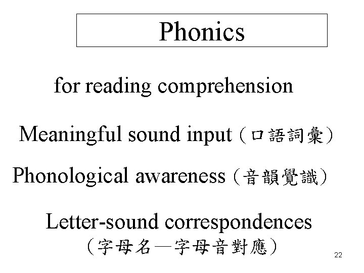 Phonics for reading comprehension Meaningful sound input (口語詞彙) Phonological awareness (音韻覺識) Letter-sound correspondences (字母名—字母音對應)