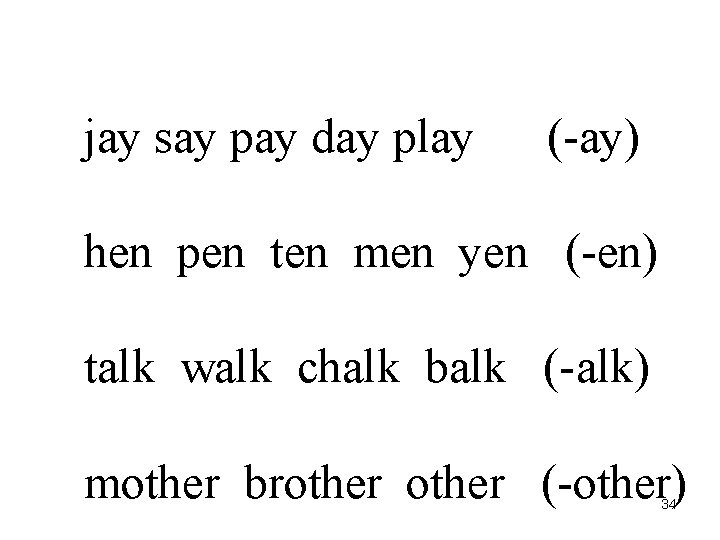 jay say pay day play (-ay) hen pen ten men yen (-en) talk walk