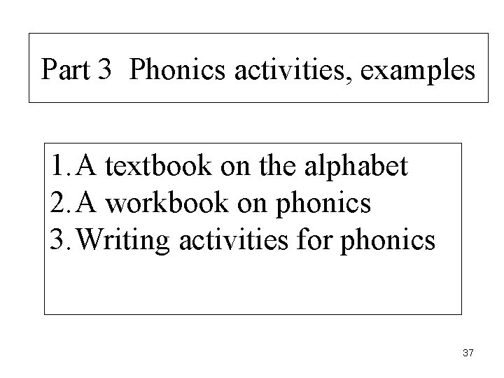 Part 3 Phonics activities, examples 1. A textbook on the alphabet 2. A workbook