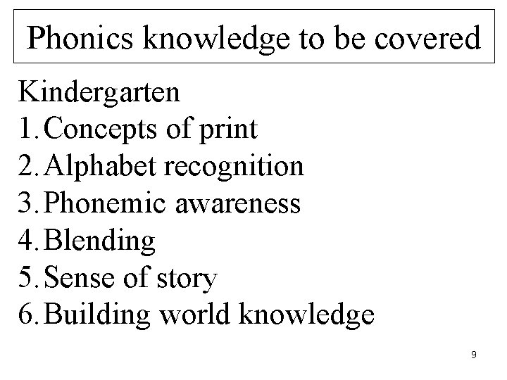 Phonics knowledge to be covered Kindergarten 1. Concepts of print 2. Alphabet recognition 3.