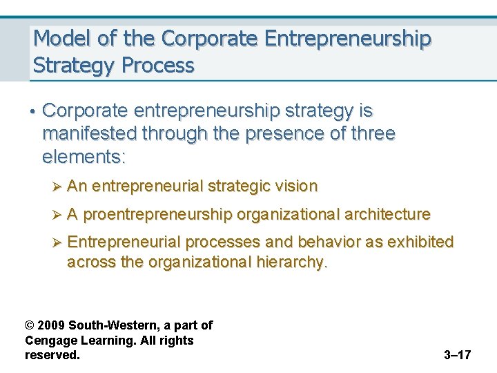 Model of the Corporate Entrepreneurship Strategy Process • Corporate entrepreneurship strategy is manifested through