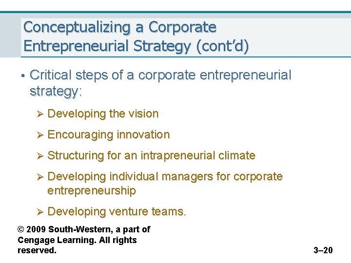 Conceptualizing a Corporate Entrepreneurial Strategy (cont’d) • Critical steps of a corporate entrepreneurial strategy: